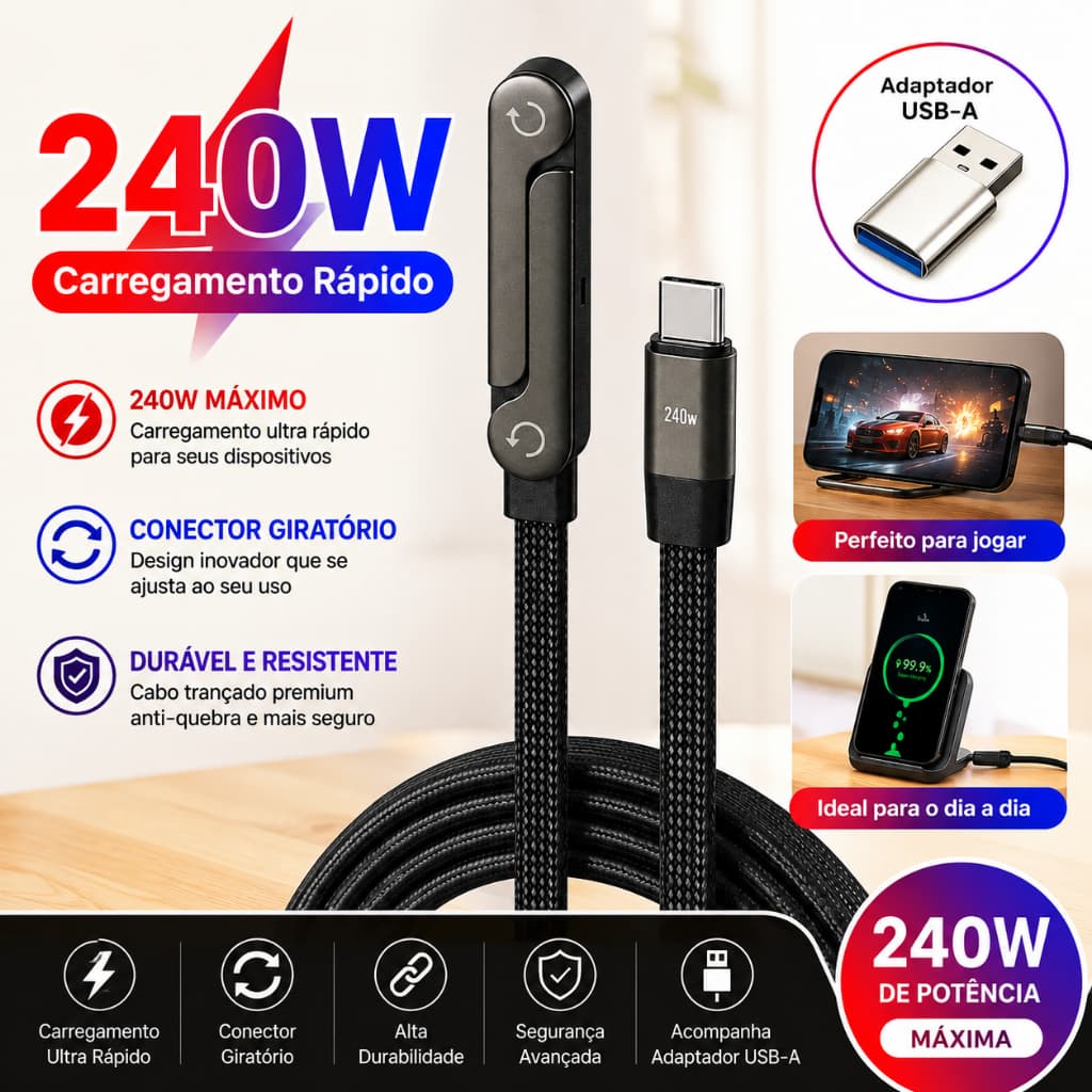 Cabo Type-C 240W 2 em 1 Carregamento Rápido Dobrável com Suporte 1M/1,5M