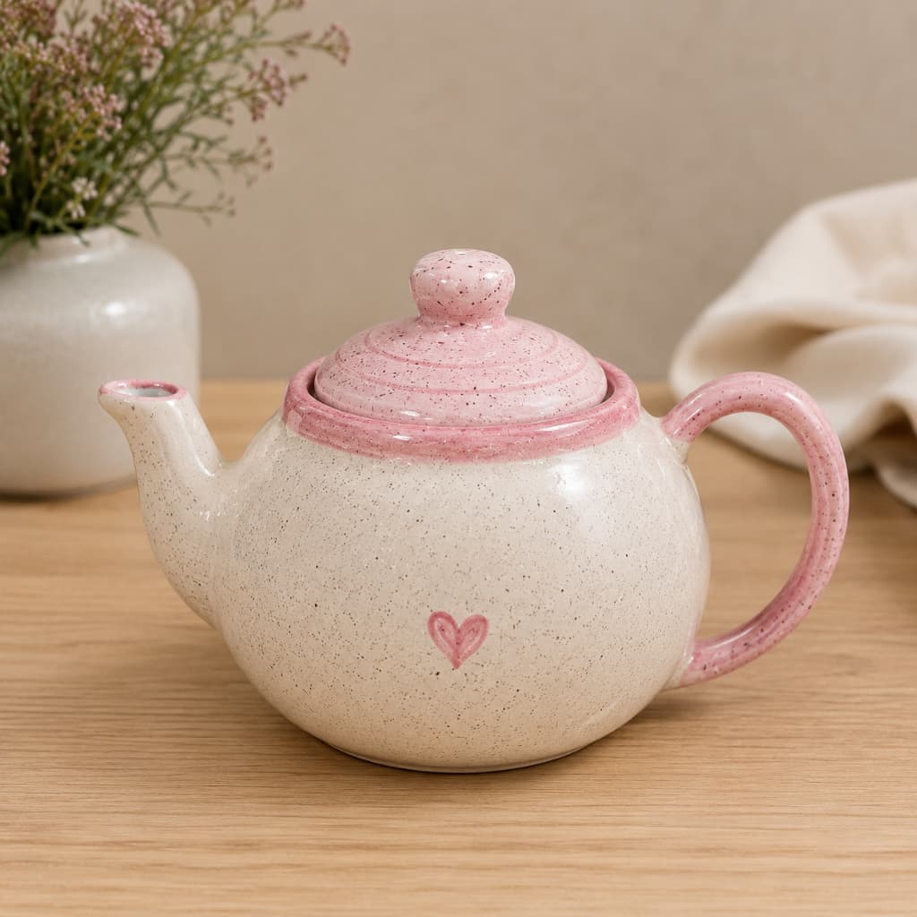 Bule em Cerâmica 600ml Coração Rosa com Coração para Chá e Café