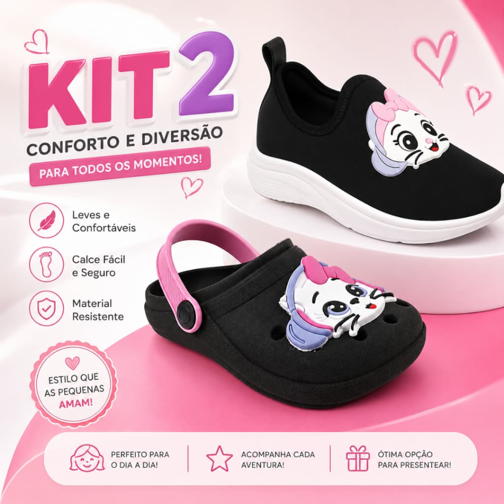 Kit 2 Pares Tênis Infantil Menina Confortável Babuche Macio Casual