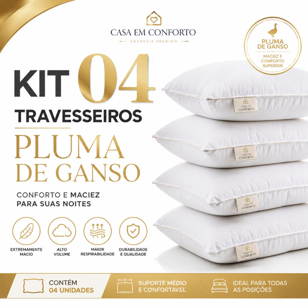 Kit 04 Travesseiros Pluma de Ganso Fibra Siliconada 50x70