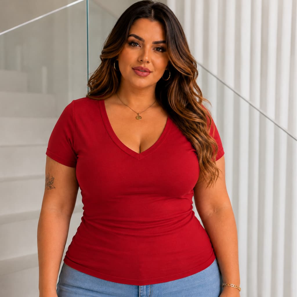 Blusa Feminina Plus Size Gola V Viscolaycra Tamanho Grande Baby Look Básico G1 G2 G3 Marrom  Branco Enfermagem