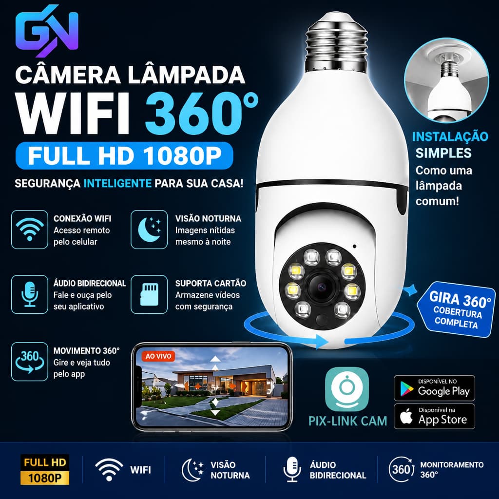 Câmera Segurança WiFi IP Sem Fio PIX-LINK CAM App 360° Encaixe Lâmpada App PTZ Full HD Visão Noturna 8177