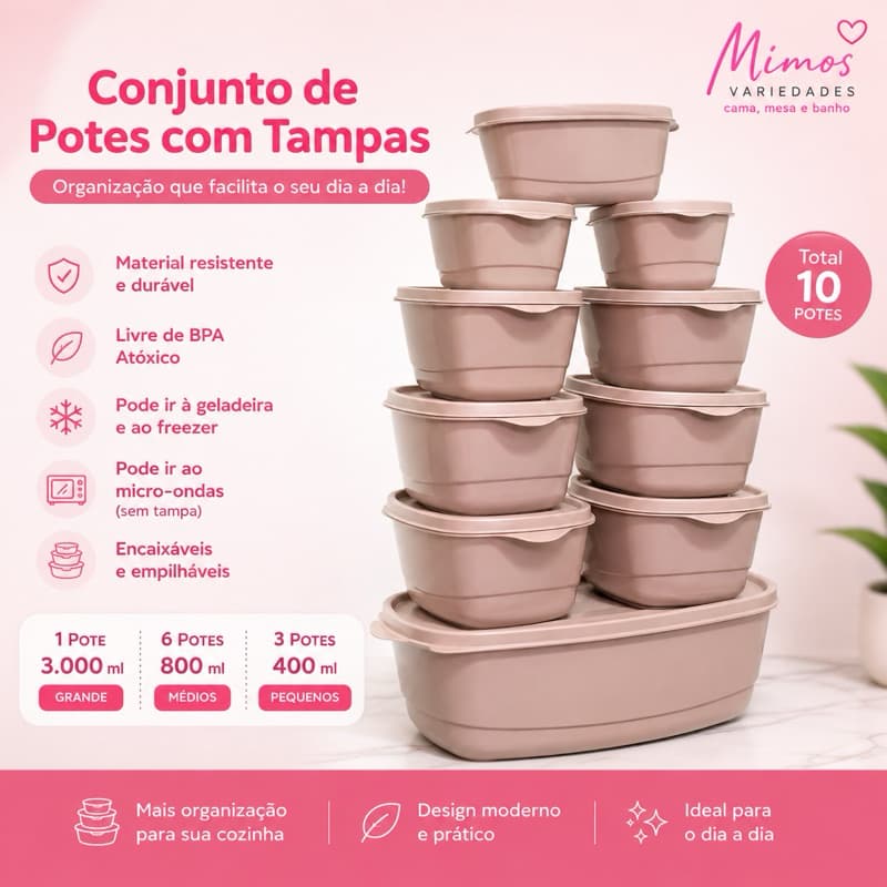 KIT COM 10  POTES  COM TAMPA 3000ML/8000ML E 400ML BPA FREE PLÁSTICO RESISTENTE EMPILHÁVEIS BEGE