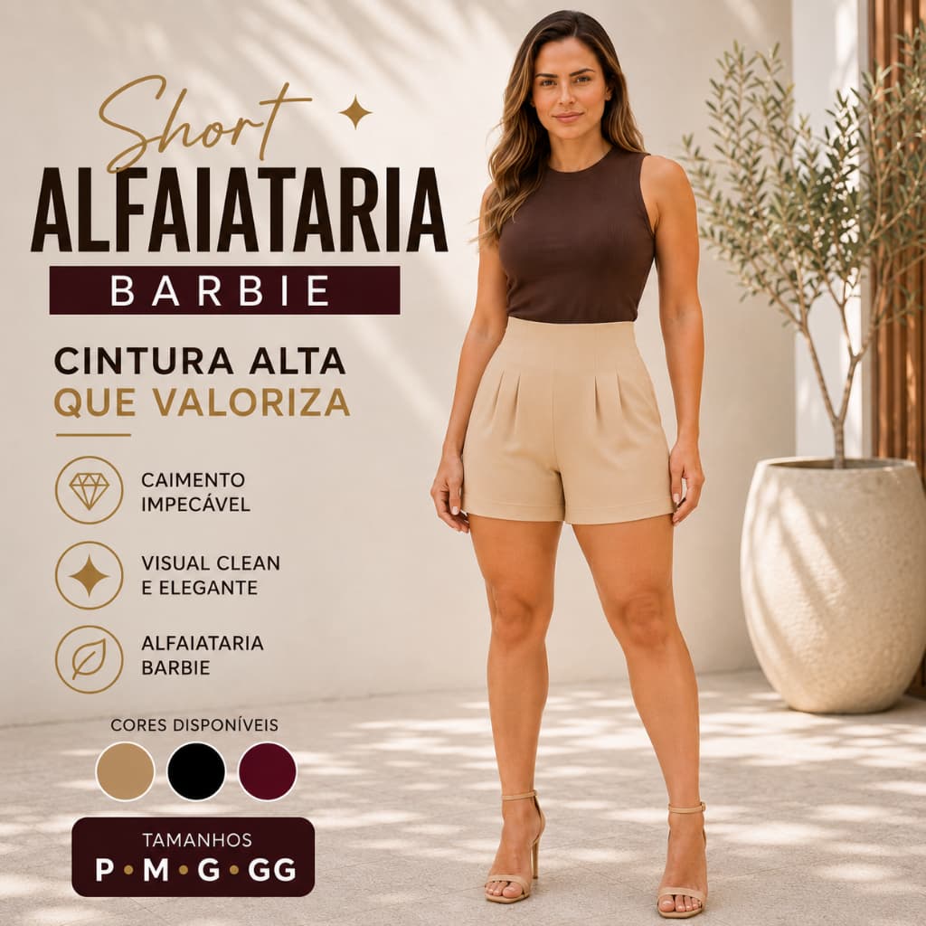 Short Alfaiataria Feminino Cintura Alta com Zíper Lateral Casual Elegante P ao GG