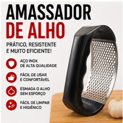 Amassador de Alho Manual em Aço Inox Prensa Triturador Espremedor Ergonômico para Cozinha