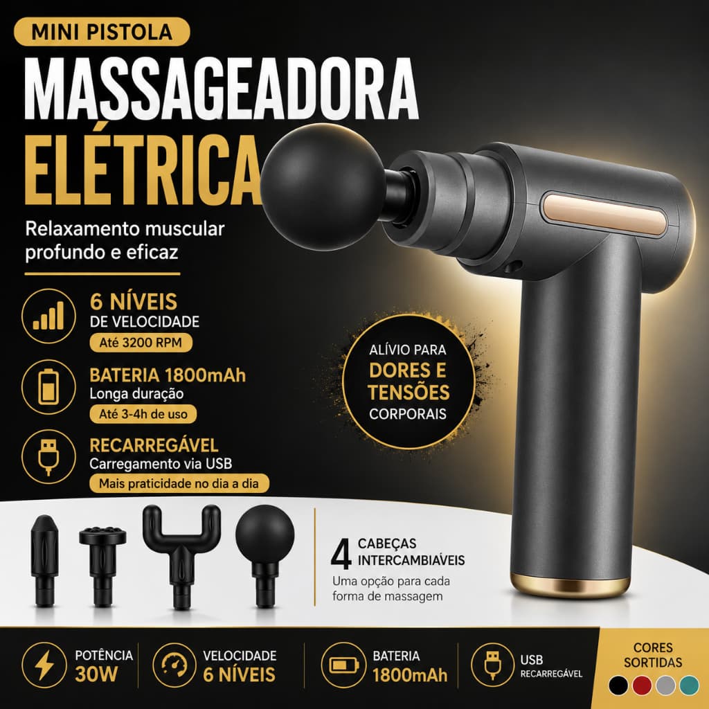 Pistola de Massagem Muscular Mini Massageador Elétrico 6 Velocidades com 4 Cabeças