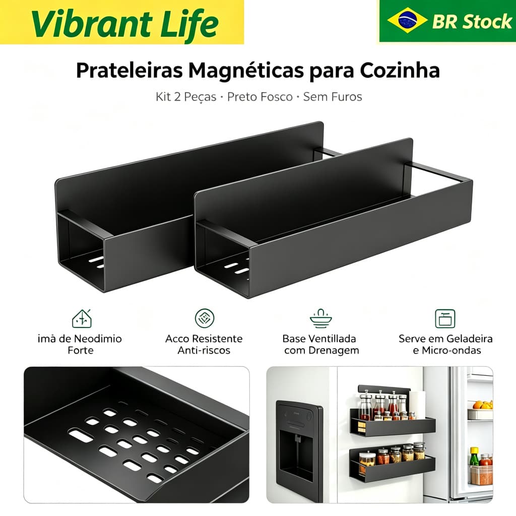 Prateleira Magnética para Geladeira - Kit 2 Suportes Sem Perfuração para Temperos e Organização