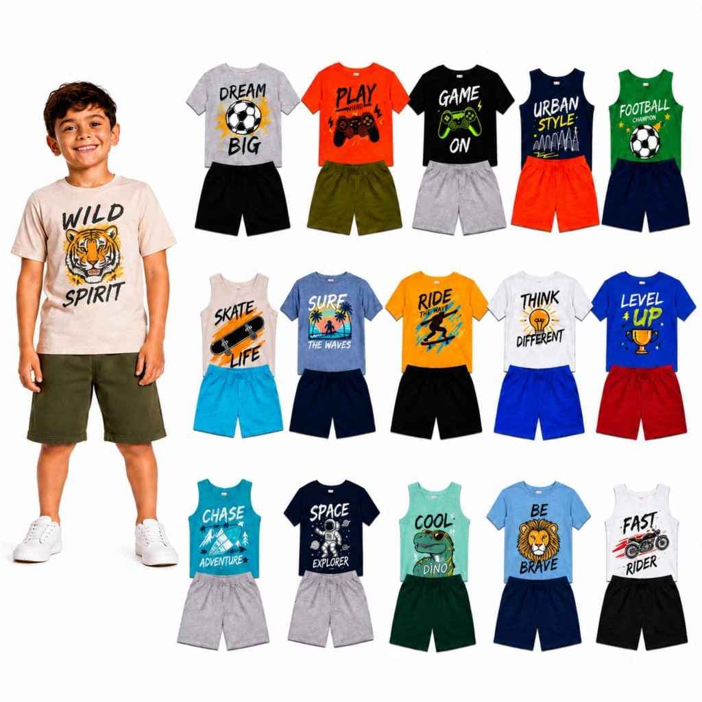 Kit 10 peças Conjunto Verão 5 Camisetas + 5 Bermudas Infantil Masculino/Menino Estampa Sortida