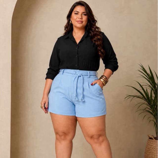 Short alfaiataria feminina com cinto CORDÃO , com bolso , com botão na frente e com ziper