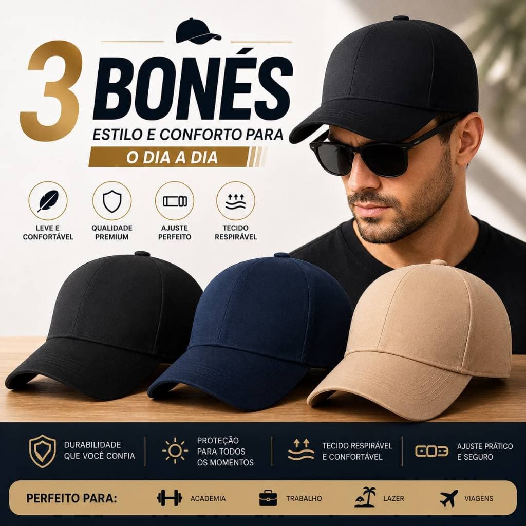 Kit 3 Bonés Masculino Feminino Ajustável Liso Brim Algodão Envio Rápido