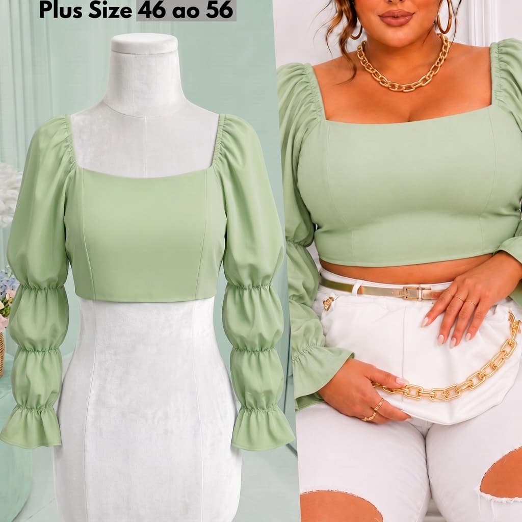 Cropped Manga longa Plus Size Cropped Chique Cropped Paty Princesa Blusa Costa Nua Cropped Frente Ùnica Crooped 46 ao 56