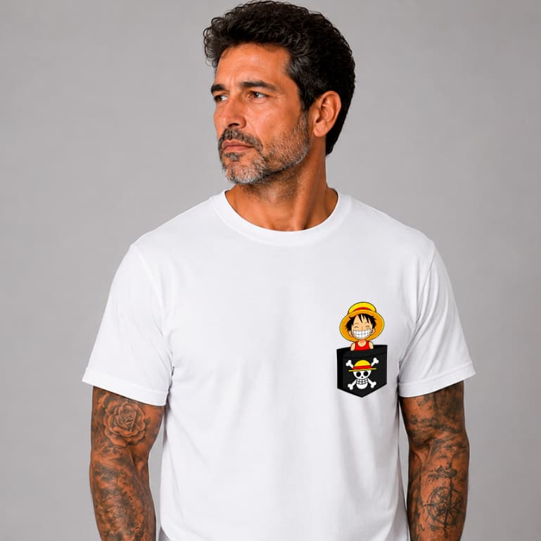 Camiseta ONE PIECE BOLSO Monkey D. Luffy Algodão Unissex Anime Mangá Cultura Nerd Desenho Japonês