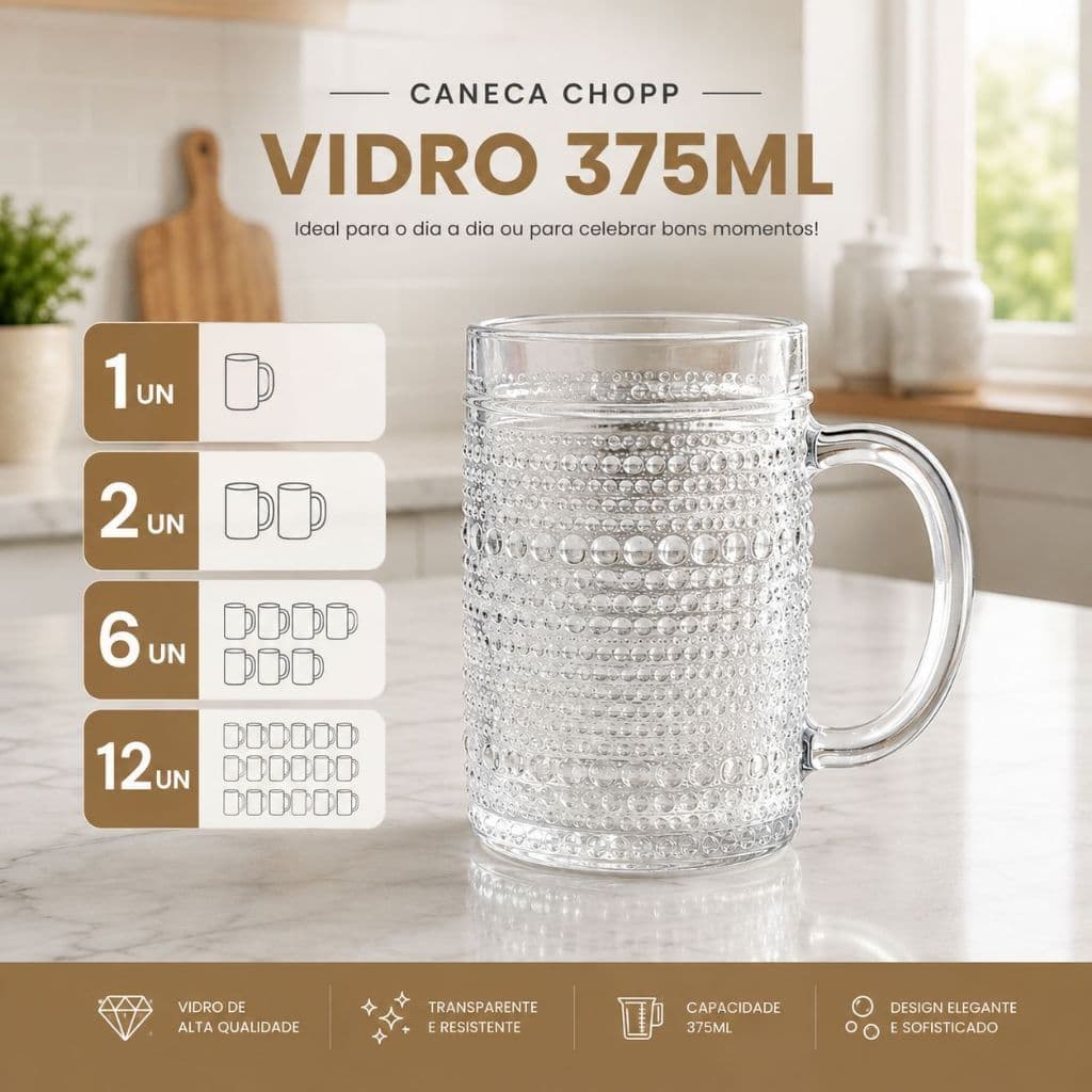 Kit Caneca Chopp Copo Cerveja Vidro Resistente 375ml Olinda