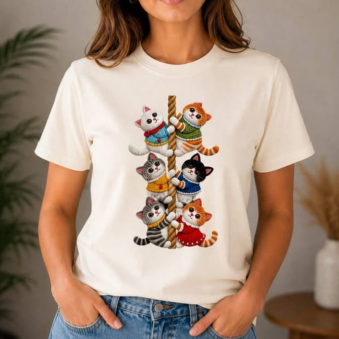 Camiseta Feminina Manga Curta GATINHO FOFO Subindo Corda em Algodão Leve e Casual Lumix