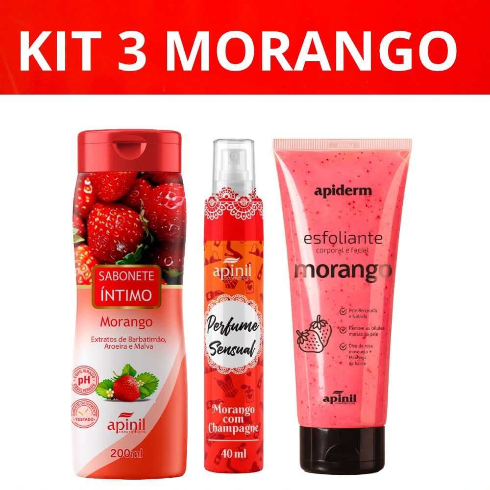 Kit 3 Morango Sabonete Íntimo 200ml + Perfume 40ml + Esfoliante Facial e Corporal Apinil Apiderm