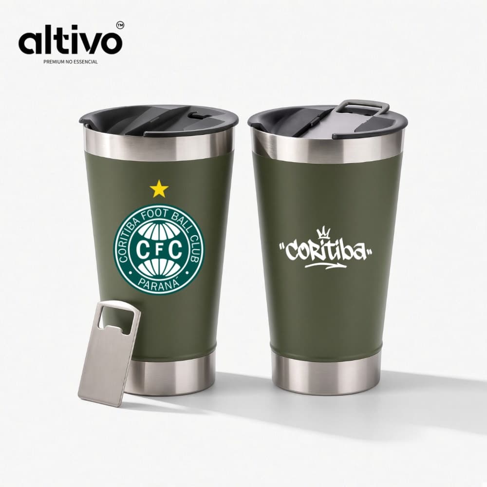 Copo Térmico Coritiba Foot Ball Club Time de Futebol 473ML com Tampa Rosqueável e Abridor em Aço Inoxidável