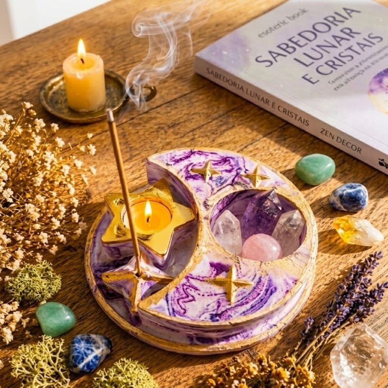 Incensário Altar Místico Lunar Porta Velas Cristais e Pedras Decor Zen Esotérico Gesso Impermeabilizado
