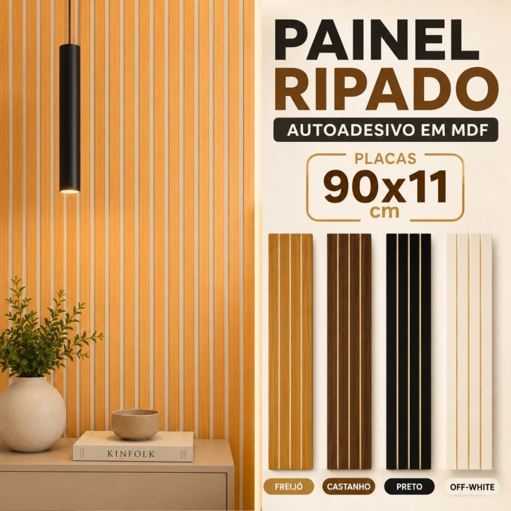 Kit Painel Ripado Grande 90x11cm MDF Autoadesivo Placas Decorativas para Parede