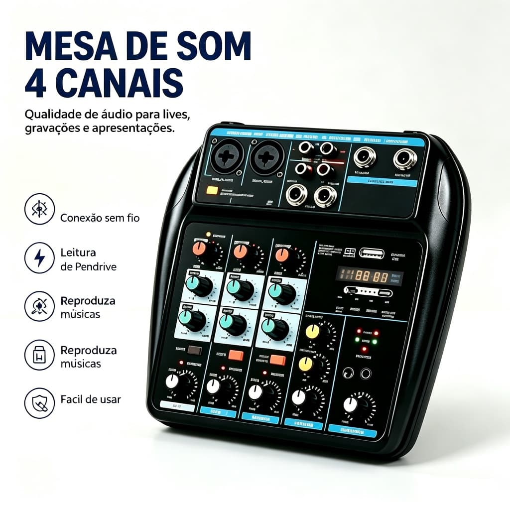 Mixer de Áudio Modelo A4 4 Canais Portátil Bluetooth USB Controle Graves Agudos Para Shows Lives Estúdio Doméstico