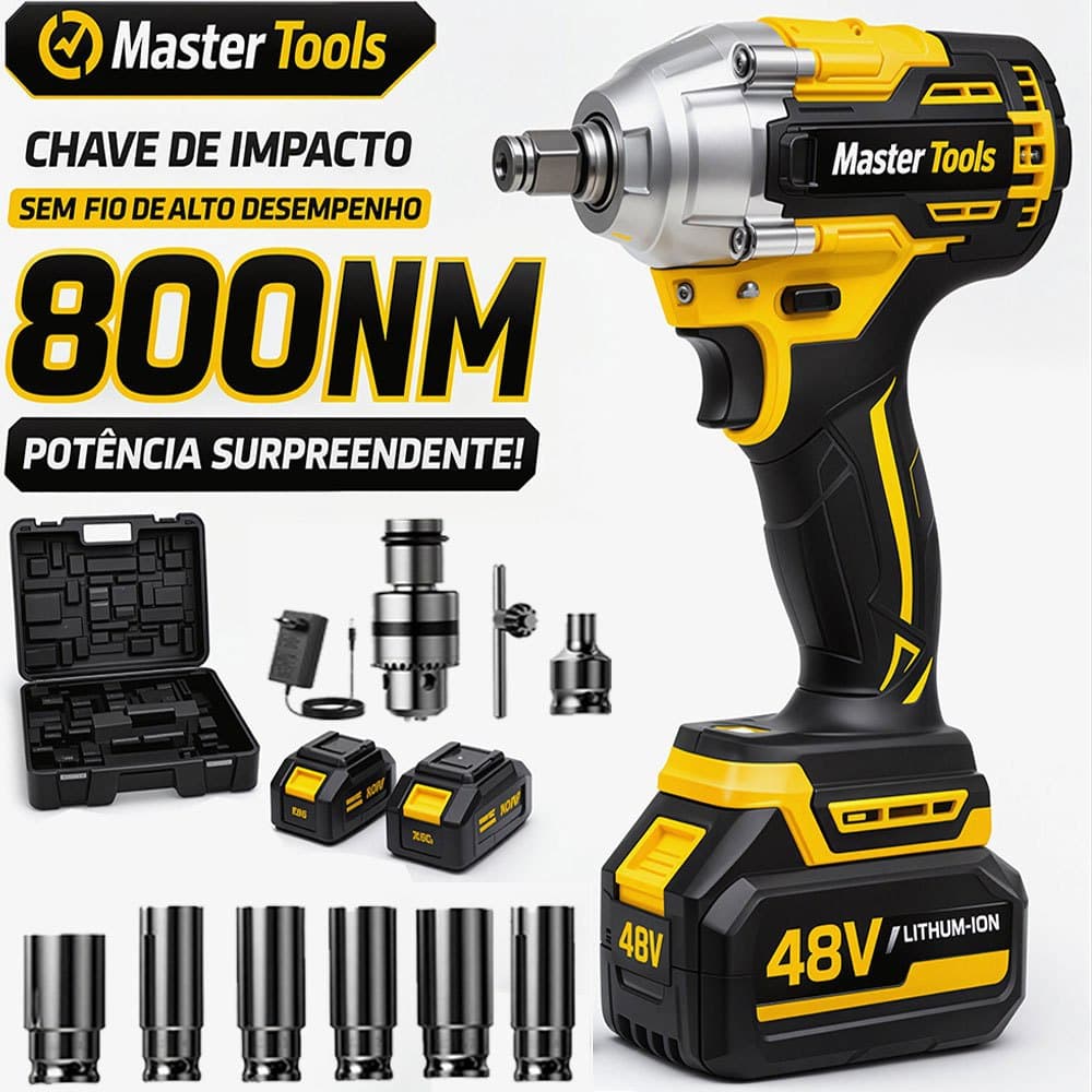 Chave de Impacto Elétrica 48V 2 Baterias Sem Fio Alta Potência com Soquetes | Parafusadeira Profissional