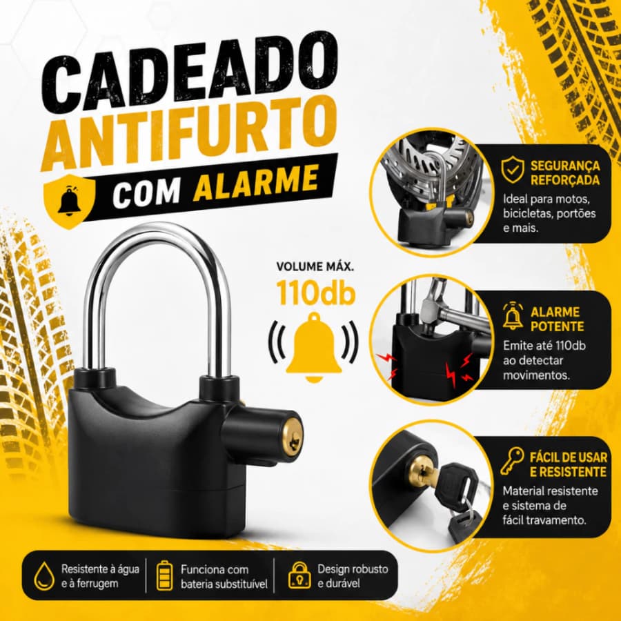 Cadeado com Alarme Sonoro Grande Anti Furto Para Bicicleta Moto Prova De Água Trava