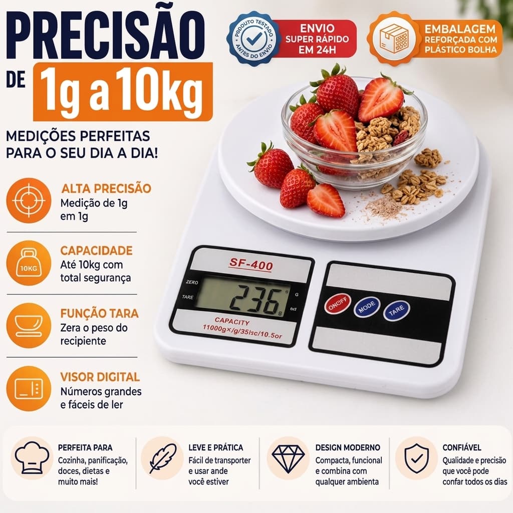 Balanca Digital De Cozinha 10kg Alta Precisao 1g Alimentos Gramas Dieta Confeitaria Pesagem Pesa Fitness Receitas