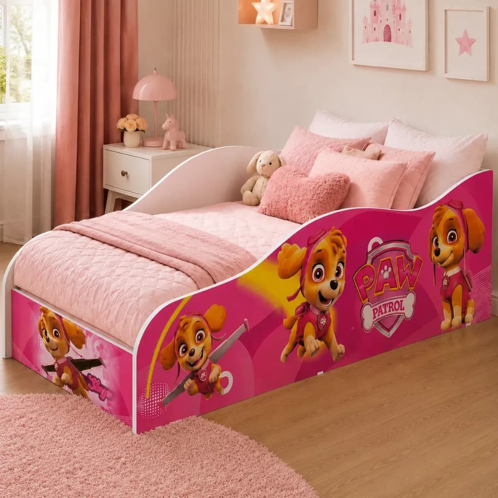Cama Montessoriana Patrulha Canina Sky Rosa  Adesivada Com Grade Proteção Menina Quarto