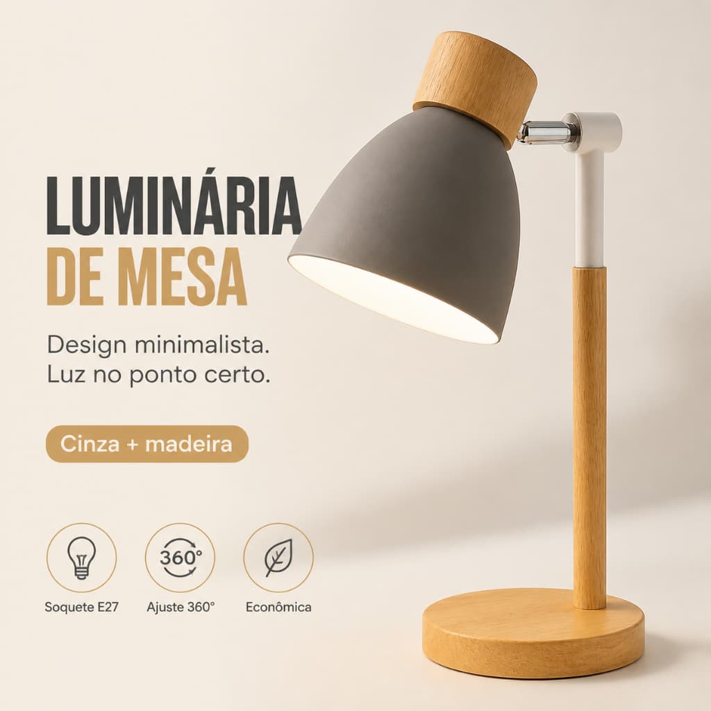 Luminária de Mesa Abajur Madeira Articulada Bivolt E27 Escritório Quarto Leitura 5 Cores Retrô