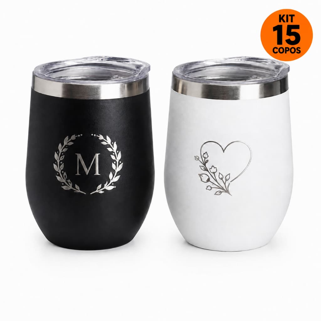 Kit 15 Copos Térmicos Personalizados 360ml | Inox com Tampa | Brinde Corporativo
