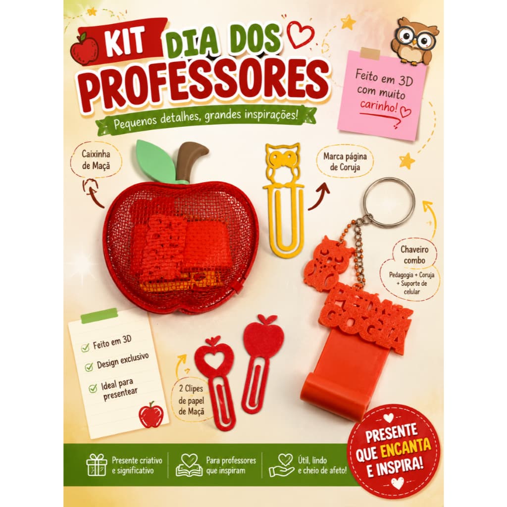 Kit Presente Dia dos Professores Pedagogia 3D | Caixa Maçã + Marca Página Coruja + Clipes + Chaveiro + Suporte Celular
