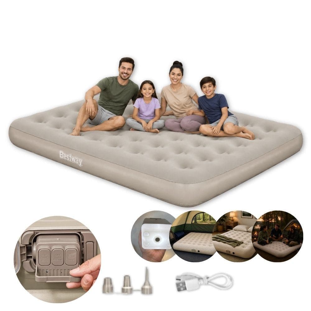 Colchão Inflável Casal Queen Bomba Recarregável Elétrica Lítio USB + Lanterna 3 Níveis Para Camping e Casa Bestway