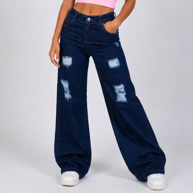 Calça jeans pantalona wide leg boca larga destroyed infantil juvenil 10 ao 16 premium