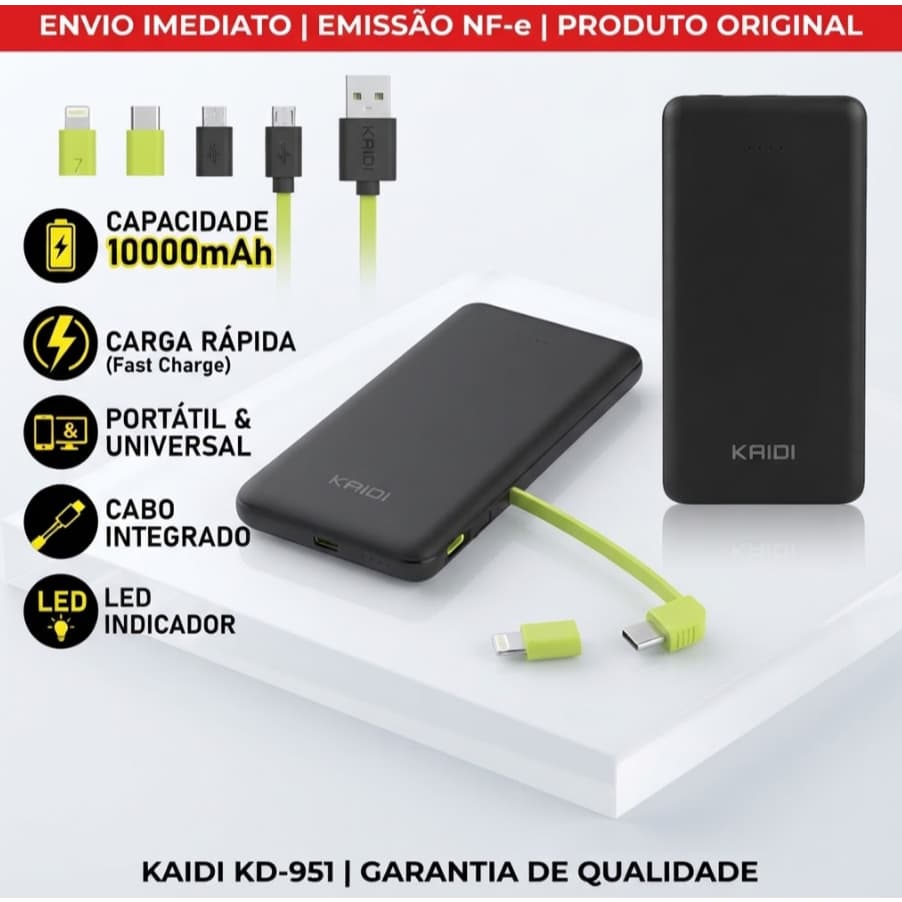 Power Bank Kaidi KD-951 10000mAh Carregador Portátil Rápido