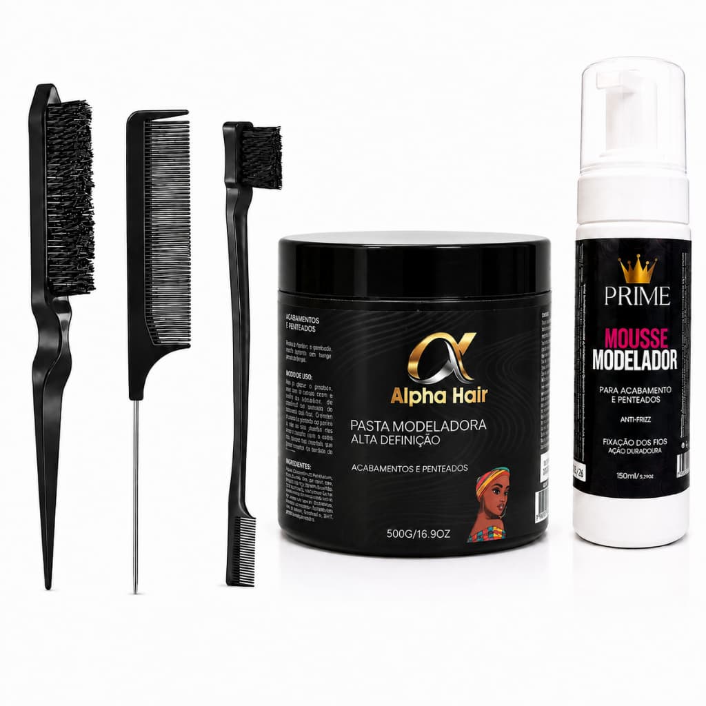 Kit Premium/Alpha hair Pomada Modeladora 500g + Mousse 150ml + 3 Pentes para Baby Hair e Penteados Afro – Cores Sortidas