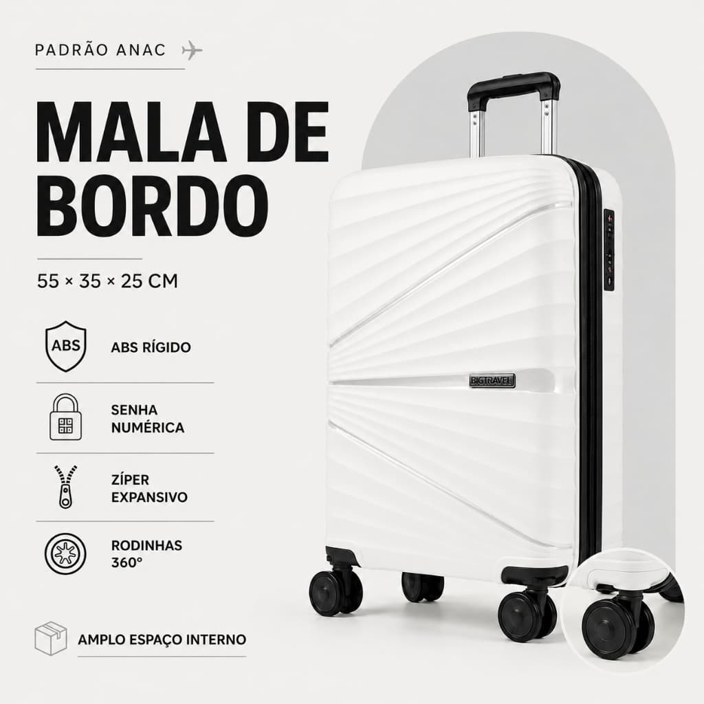 Mala Bordo de Viagem 10kg Cabine Avião Bagageiro Rodinhas 360° Expansível Preto Branco