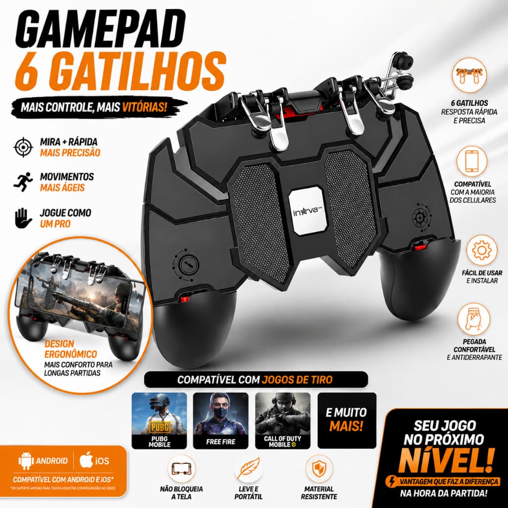 Controle Gamer Manual com Gatilhos Suporte Celular Joystick
