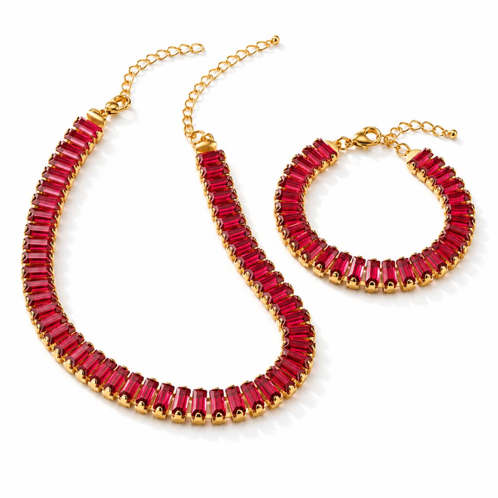 Colar Riviera Baguete Vermelho Colar Pulseira Zircônia Feminino Luxo Elegante Festa Presente Dourado