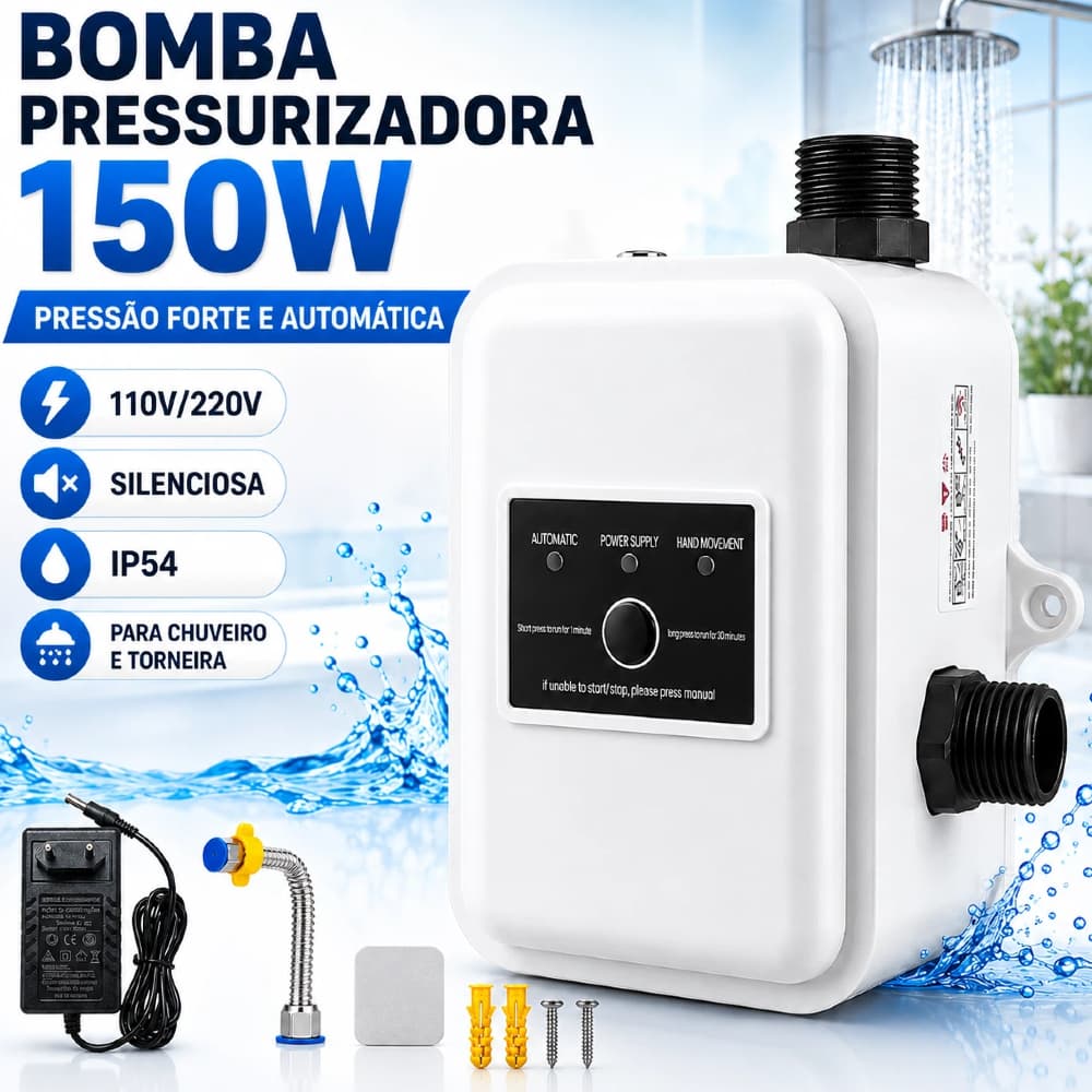Bomba Pressurizadora de Água 150W Automática 110V/220V para Chuveiro Torneira Baixa Pressão Silenciosa IP54