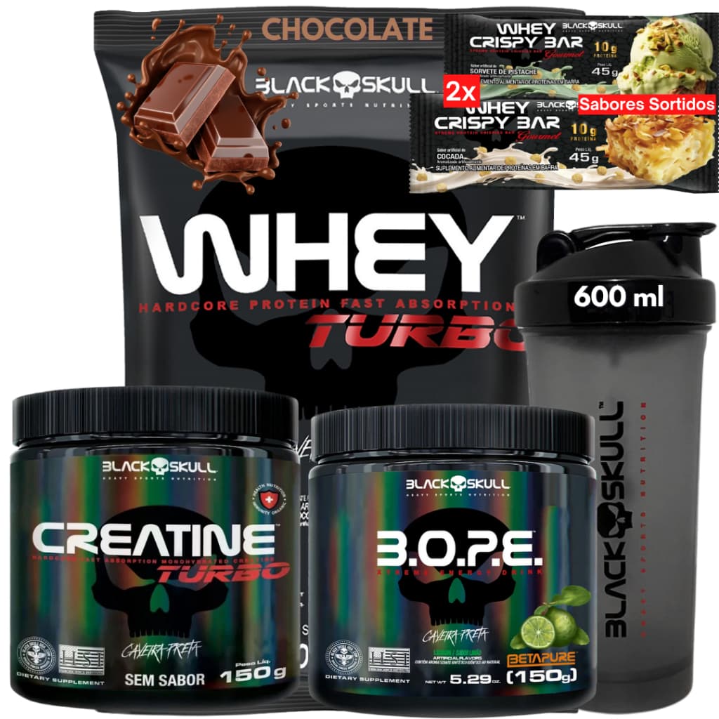 Whey Turbo 907g + Creatina Turbo 150g + Pré Treino 150g + Coqueteleira + 2 Whey bar (Brinde) - Kit Black Skull