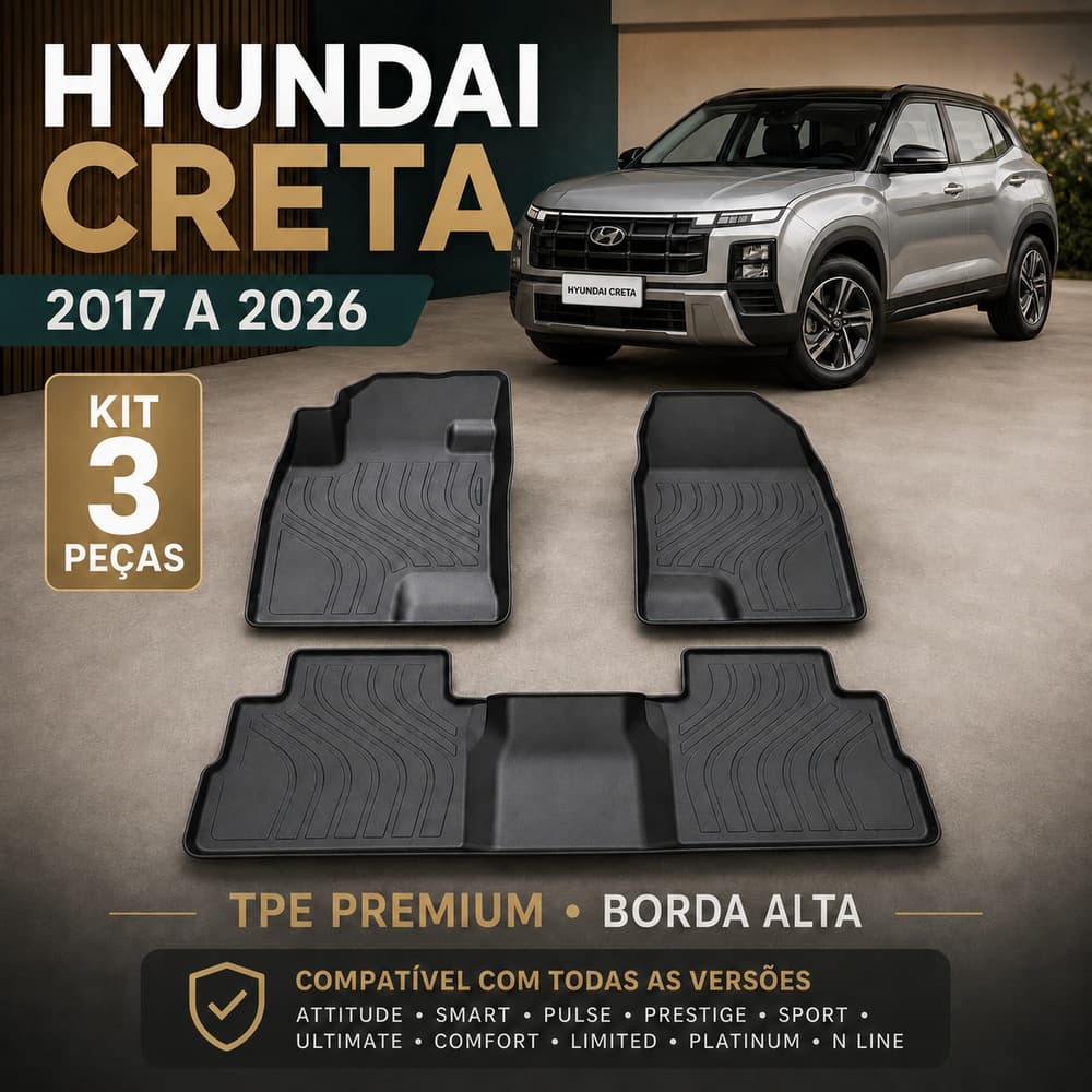 Jogo De Tapetes Com 3 Peças Premium Bandeja Borda Alta Borracha Tpe 3D Para Hyundai Creta 2017-2026