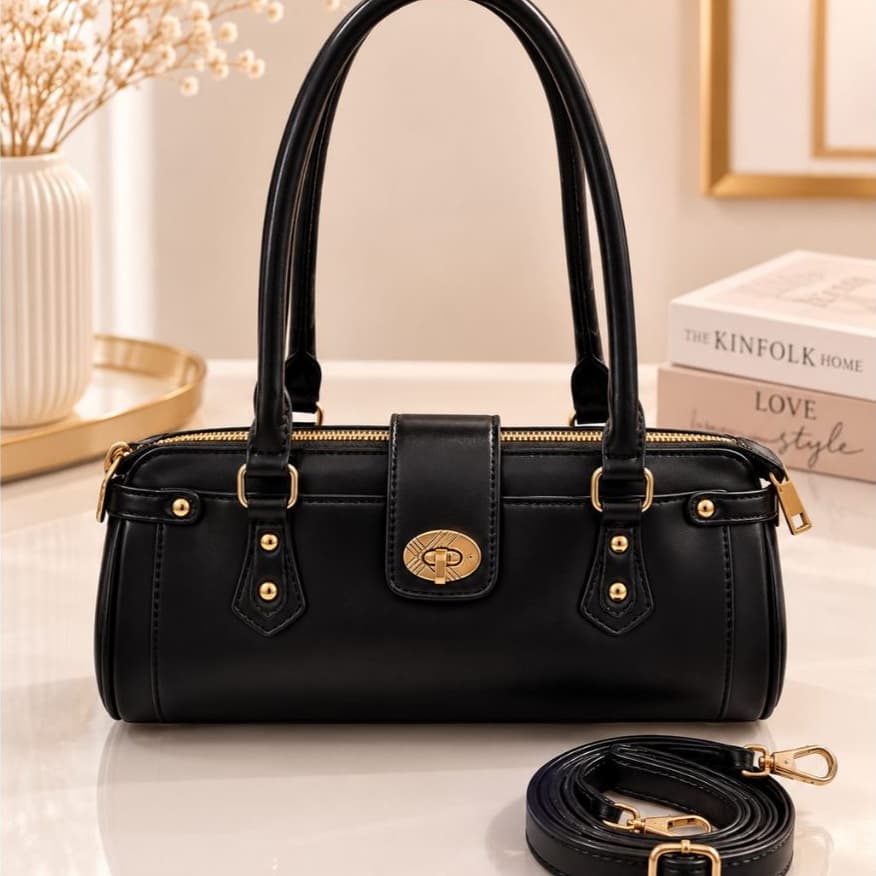 Bolsa Feminina Preta Estruturada com Alça de Mão e Transversal