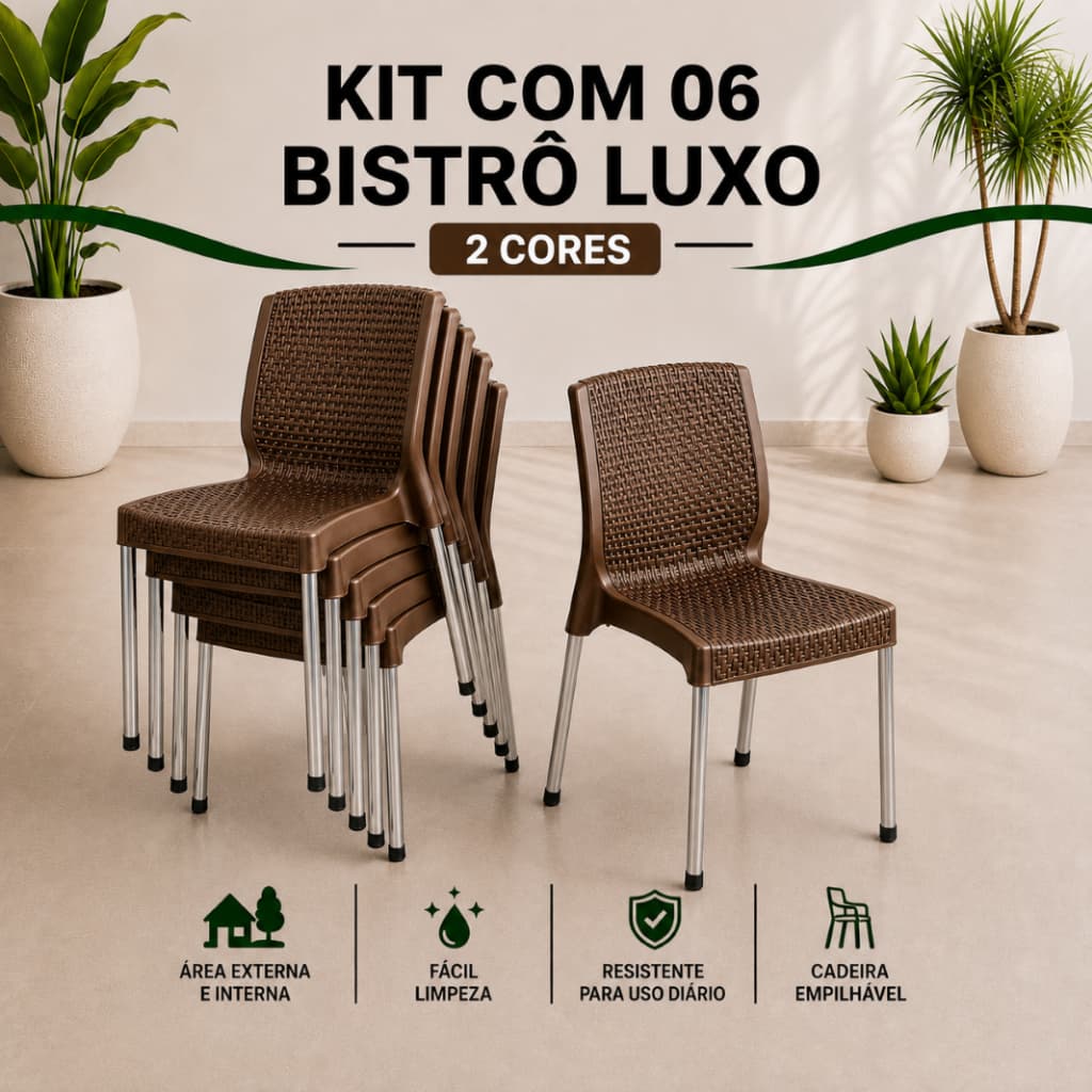 Kit 6 Bistrô Reforçada Rattan Luxo Sem Apoio Braço UV Empilhável 160kg Aço Cromado Qualquer Ambiente