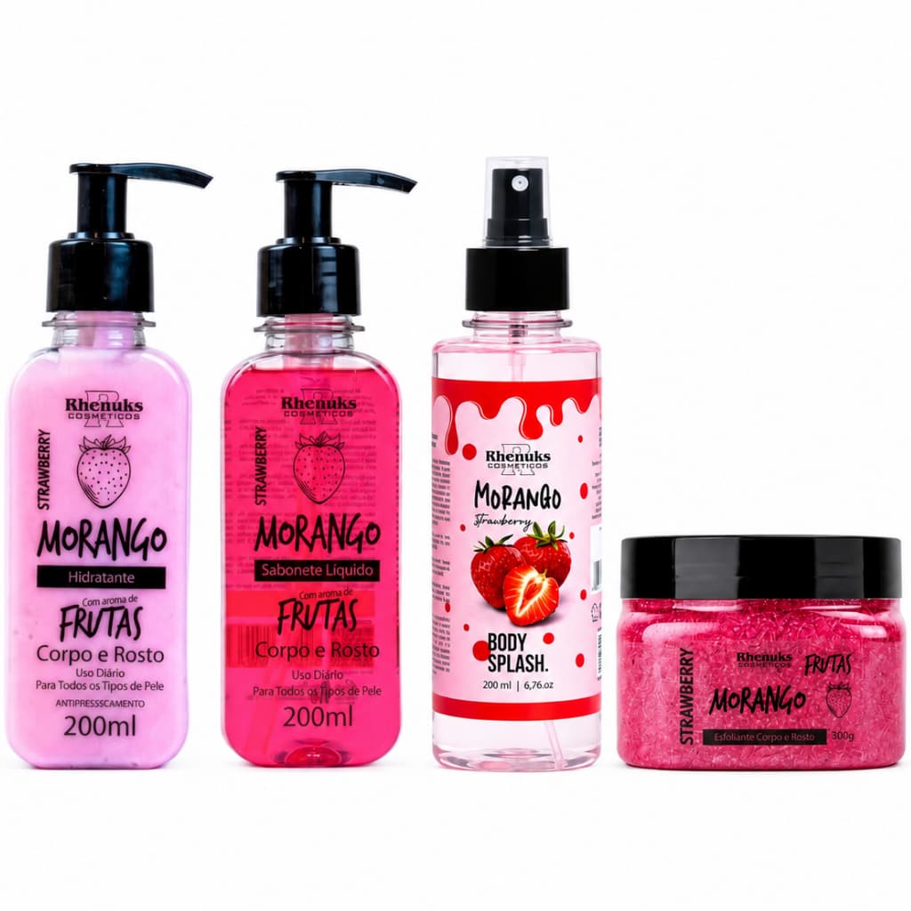 . Kit 4 Itens Morango Rhenuks Hidratante Sabonete Body Splash Esfoliante Corpo e Rosto