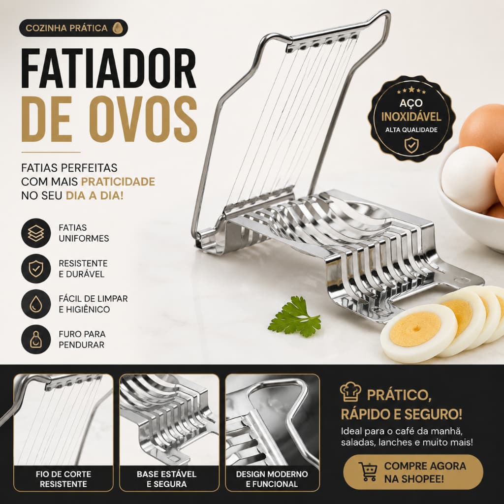 Cortador Fatiador de Ovos Cozidos em Aço Inox Frutas Kiwi Morango Cozinha