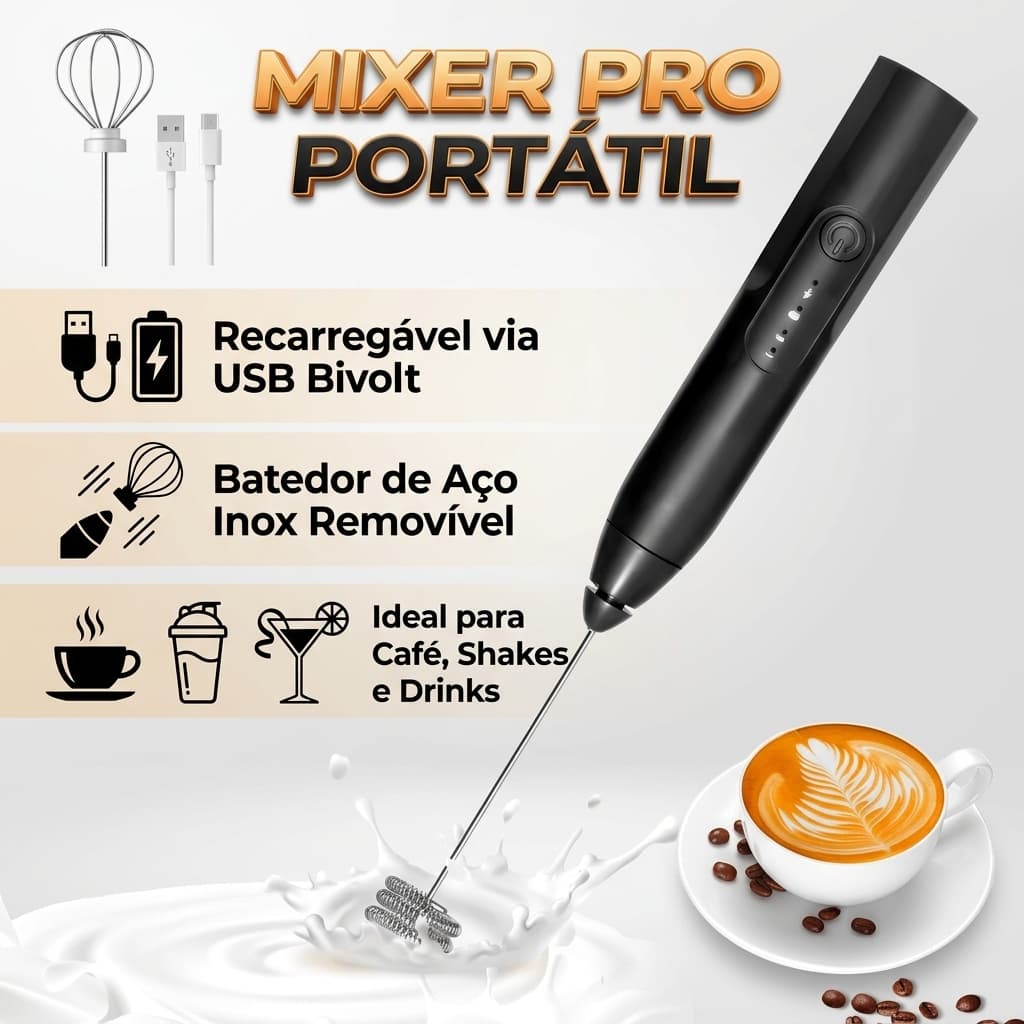 Mini Batedor Mixer Elétrico Portátil Preto Bivolt USB Fuê Café Shakes Inox 30cm