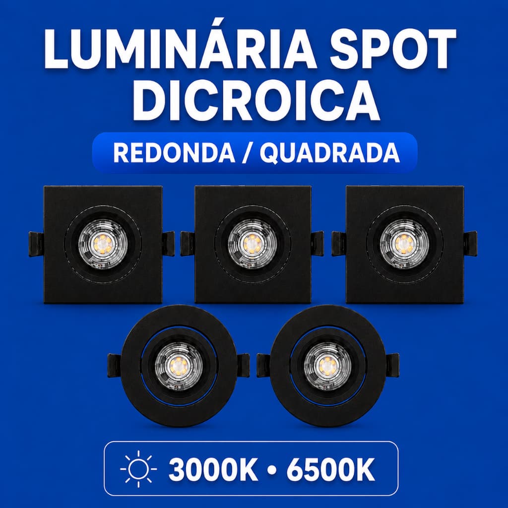 Kit 5 Luminária Spot Dicroica MR16 5W 3000K 6000K Redonda/Quadrada Preta Elgin