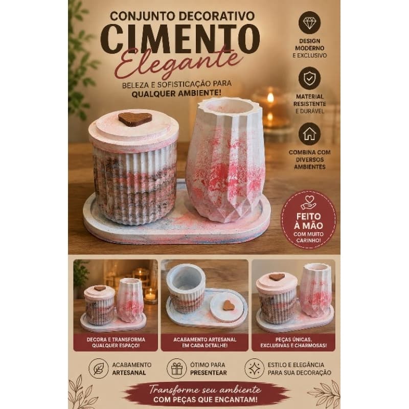 Conjunto Decorativo em Gesso Artesanal – Bandeja, Pote e Vaso – Decoração Elegante