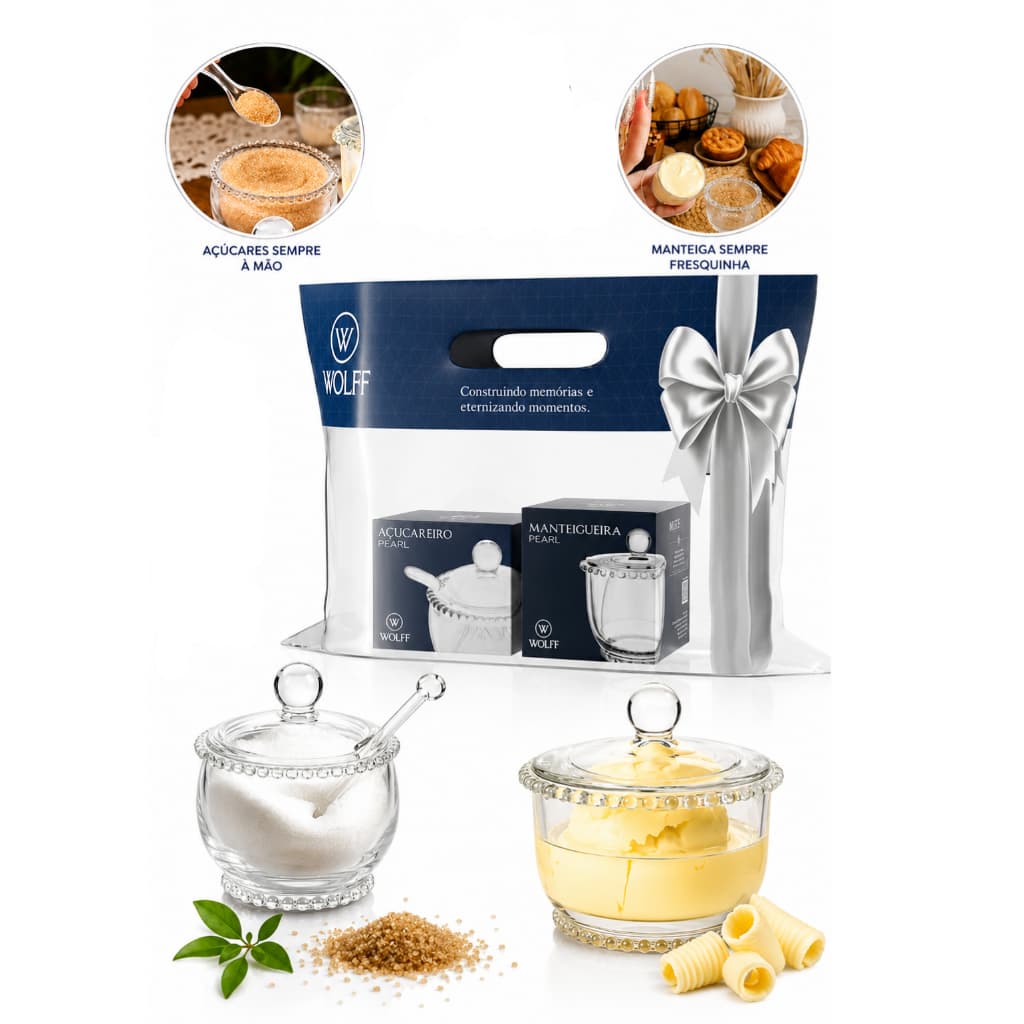 Kit Presente Manteigueira e Açucareiro Cristal Pearl Bolinha Wolff Porta Manteiga Açúcar Mesa Posta Café Da Manhã Luxo