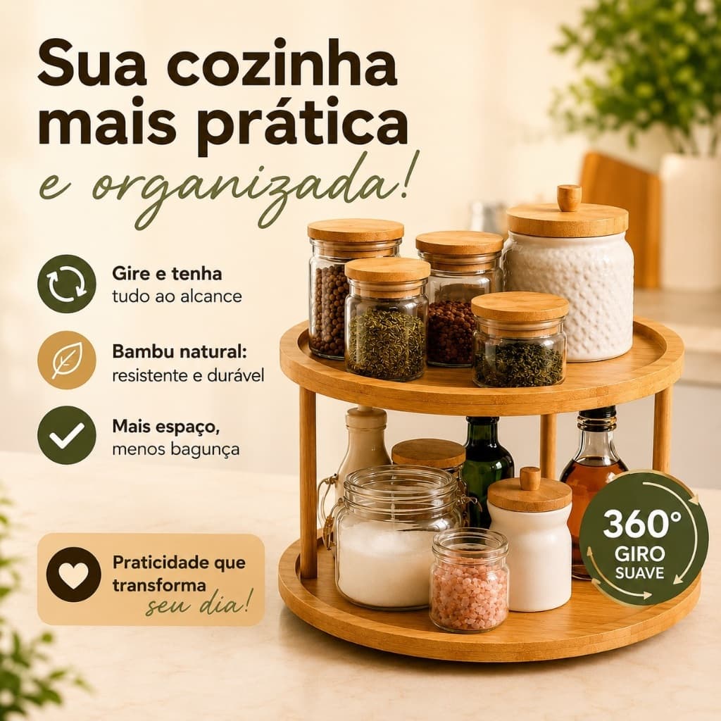 Organizador Giratório 2 Andares de Bambu Porta Tempero Cozinha Banheiro ENVIO IMEDIATO