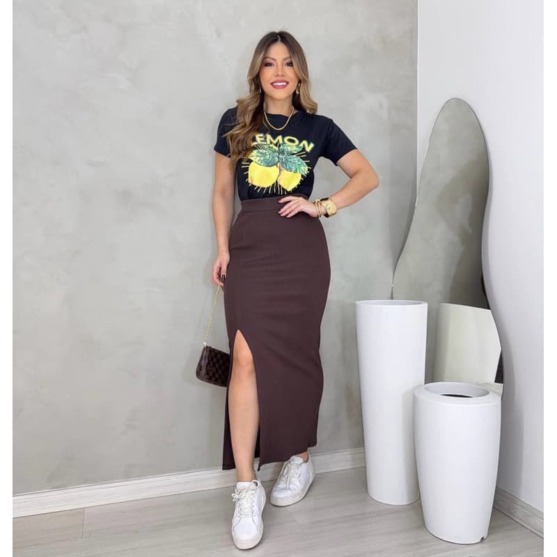 Saia Longa Feminina Cintura Alta com Fenda Frontal Canelada Justa Elegante Confortável